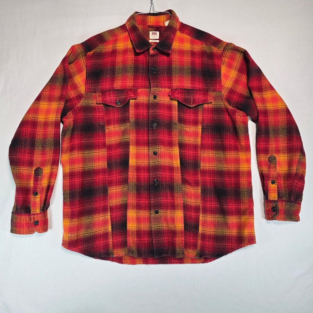 Levis Mens Relaxed Fit Flannel Shirt Red Orange Plaid Button Down L 36269-0002